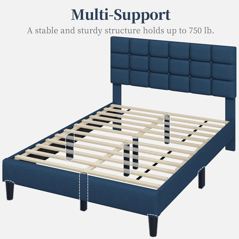 Upholstered Full Bed Frame Tufted Headboard Adjustable Wood Slats Navy Blue8
