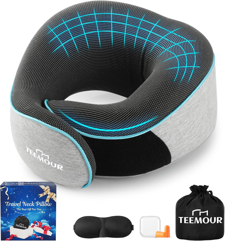Upgraded Memory Foam Travel Neck Pillow w/ Eye Mask, Earplugs & Bag – Airplane10