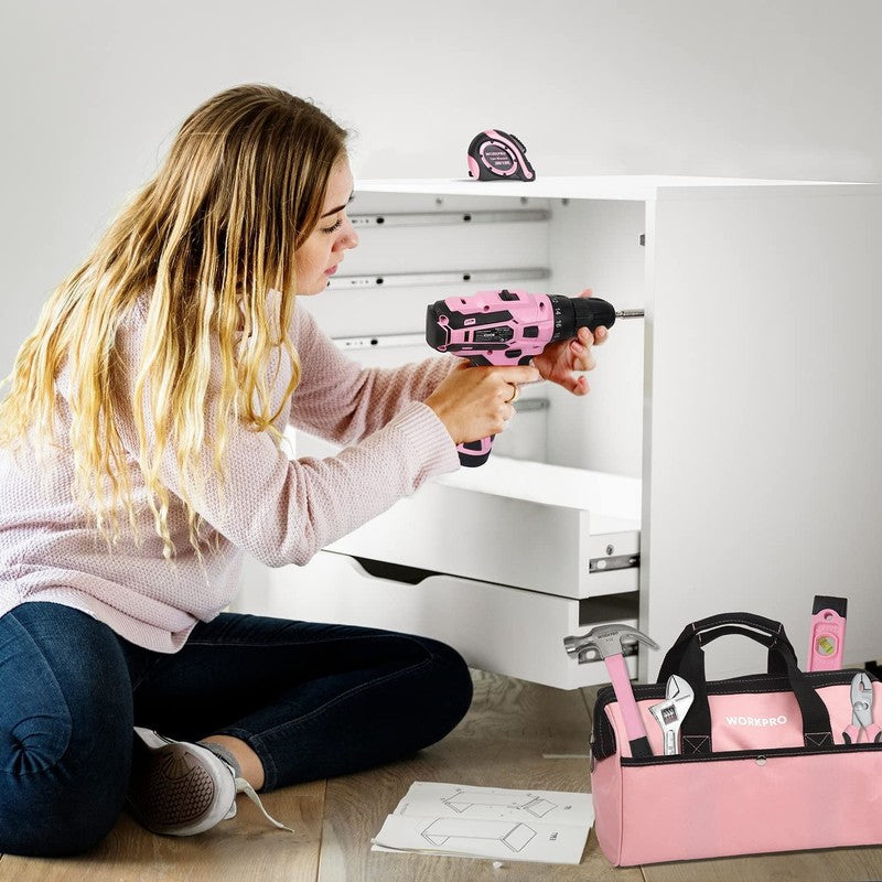 12V Cordless Drill Driver Kit 61Pc Tool Set 1.5Ah Battery Charger Pink Bag6
