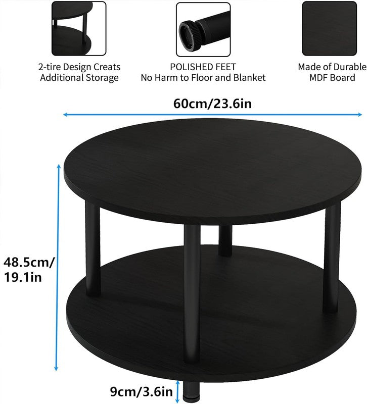 Round 2 Tier Coffee Table with Storage 23.6" Metal Frame, Black2