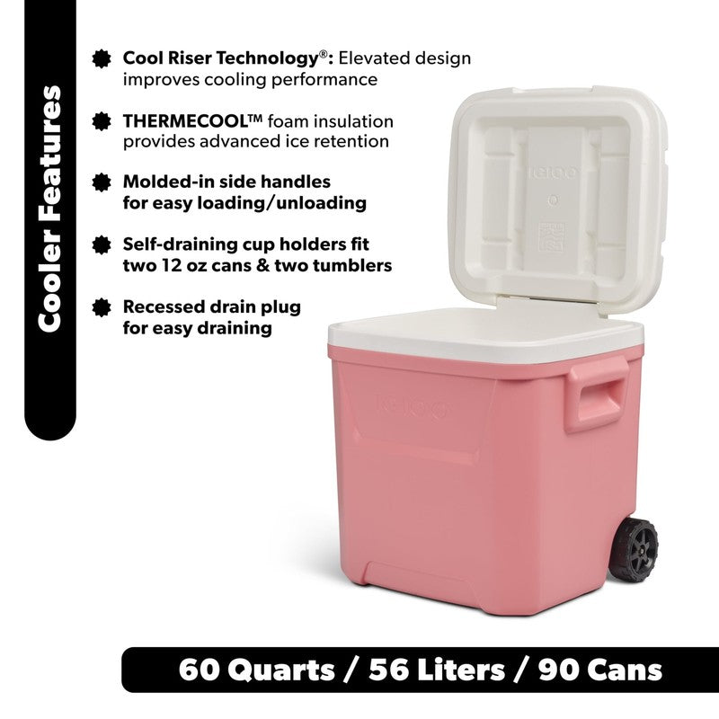 60 QT Laguna Ice Chest Cooler with Wheels, Coral Pink1