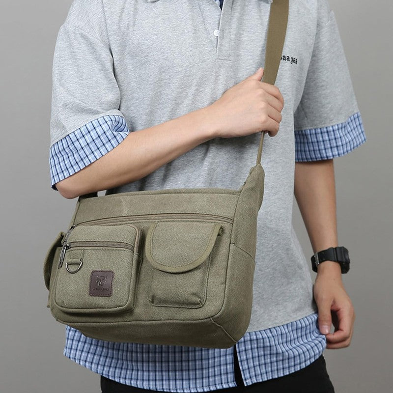Canvas Shoulder Bag Men Multi Pocket 13 Inch Laptop Crossbody Travel Bag8