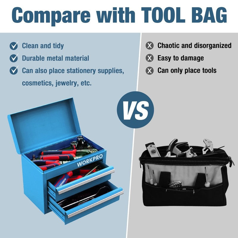 Mini Metal Tool Box with 2 Drawers and Top Storage, Small Tool Chest with PVC Li6