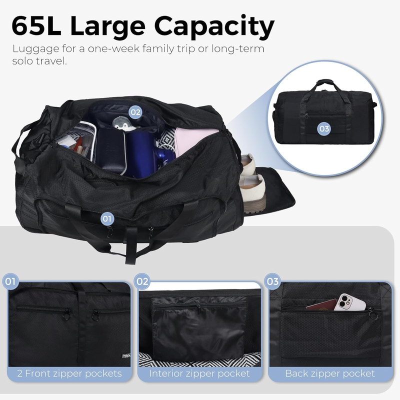 65L Travel Duffel Bag Foldable w/ Shoe Compartment Water Resistant Gray3