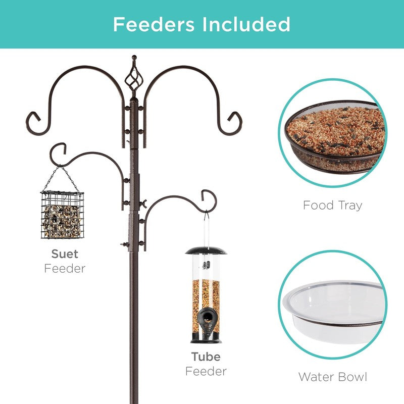 91" Brown Steel 4-Hook Bird Feeding Station w/ 2 Feeders, Tray & Bird Bath2