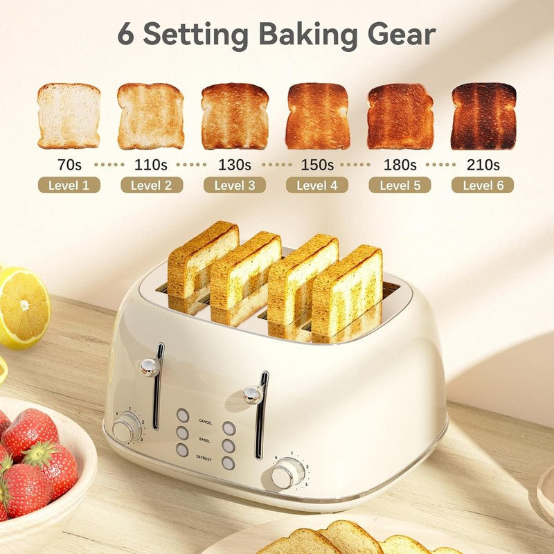 4-Slice Retro Toaster Cream 6 Shade Settings Cancel/Defrost/Reheat Wide Slots3