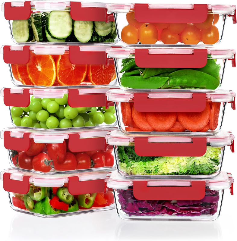 10 Pack 22oz Glass Meal Prep Containers Airtight Lids Red10