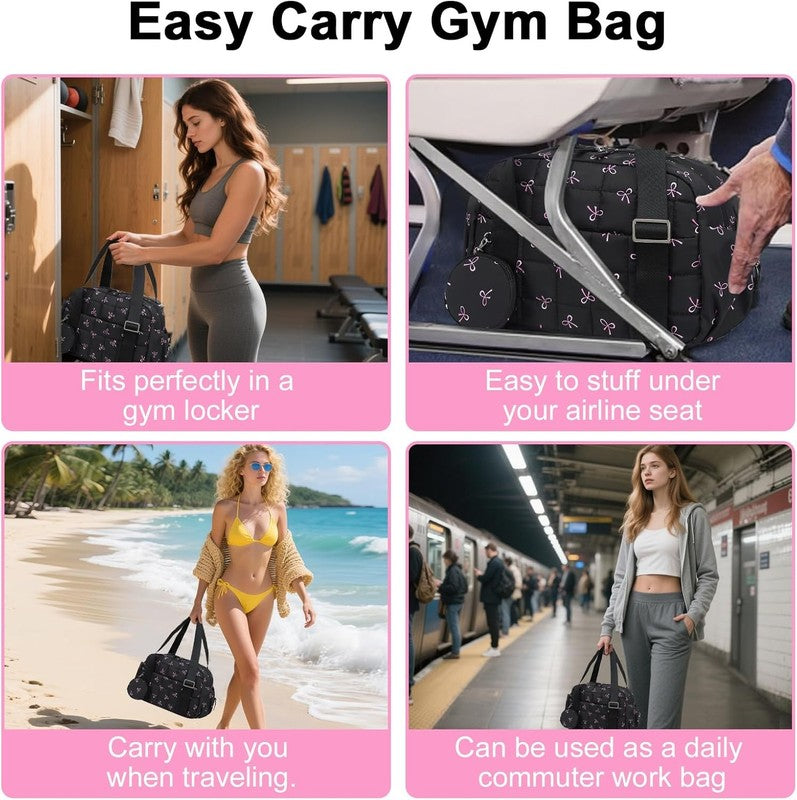 Mini Gym Bag Women Quilted Duffel Wet Compartment Coin Purse Black Pink Bow7