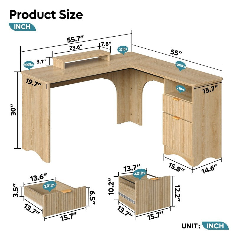 55" L-Shaped Desk with Drawers, Monitor Stand & Fluted Panels Natural Oak6