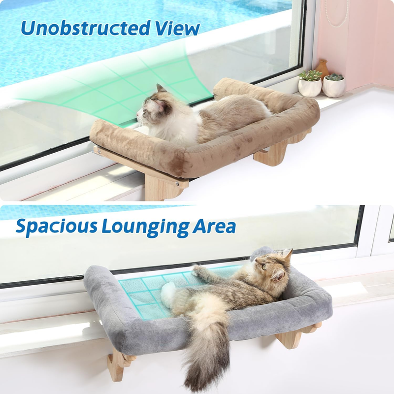 Cat Window Perch Sill Hammock Bed Large Hardwood Metal Frame Dark Wood Gray 24in1