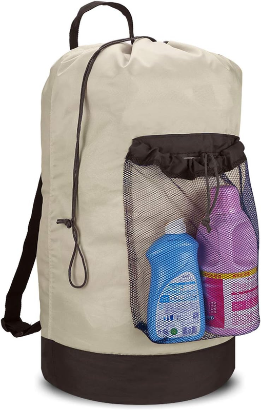Backpack Laundry Bag with Straps & Mesh Pocket, Durable Nylon Clothes Khaki10