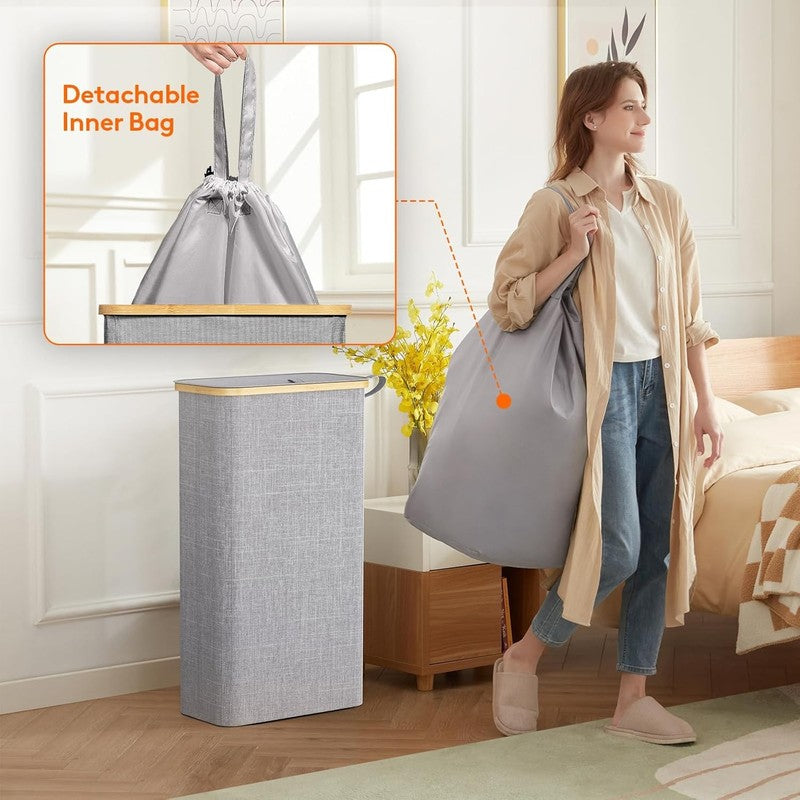 Slim 65L Laundry Hamper with Bamboo Handles, Foldable Basket with Lid, Grey2