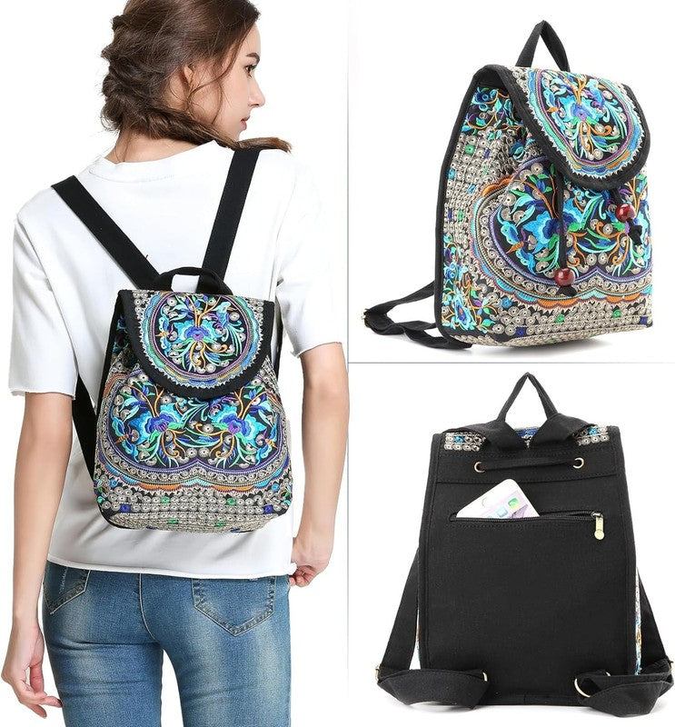 Women Embroidered Backpack Boho Floral Mini Travel Shoulder Bag Lightweight Blue5