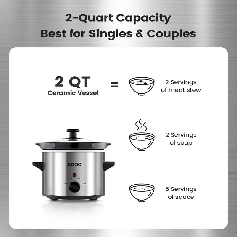 2Qt Small Slow Cooker Ceramic Adjustable Temp Stainless Steel Silver2