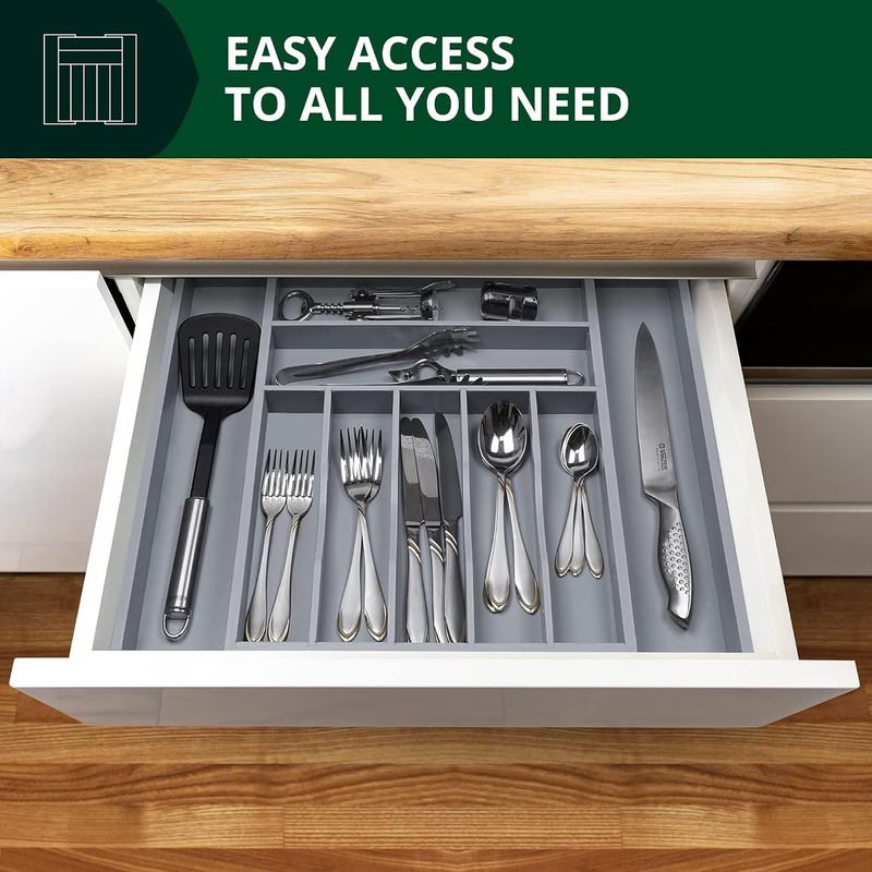 Bamboo Kitchen Drawer Organizer 9 Slot Silverware Utensil Tray Gray5