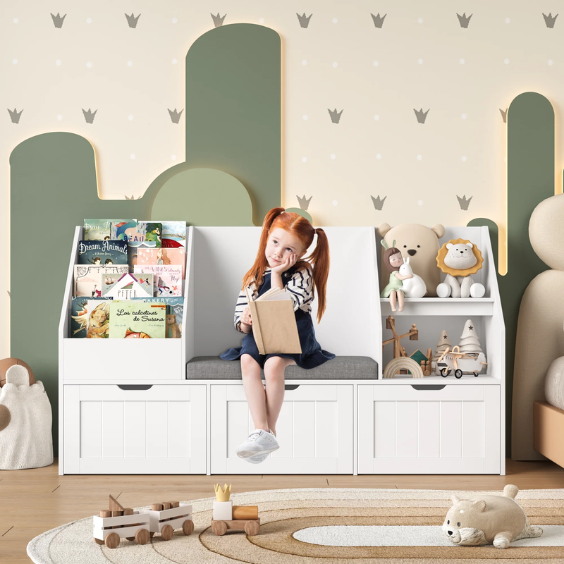 Kids Bookshelf with Reading Nook & 3 Movable Drawers, 2 Cube Bookcase with 4 Tie4