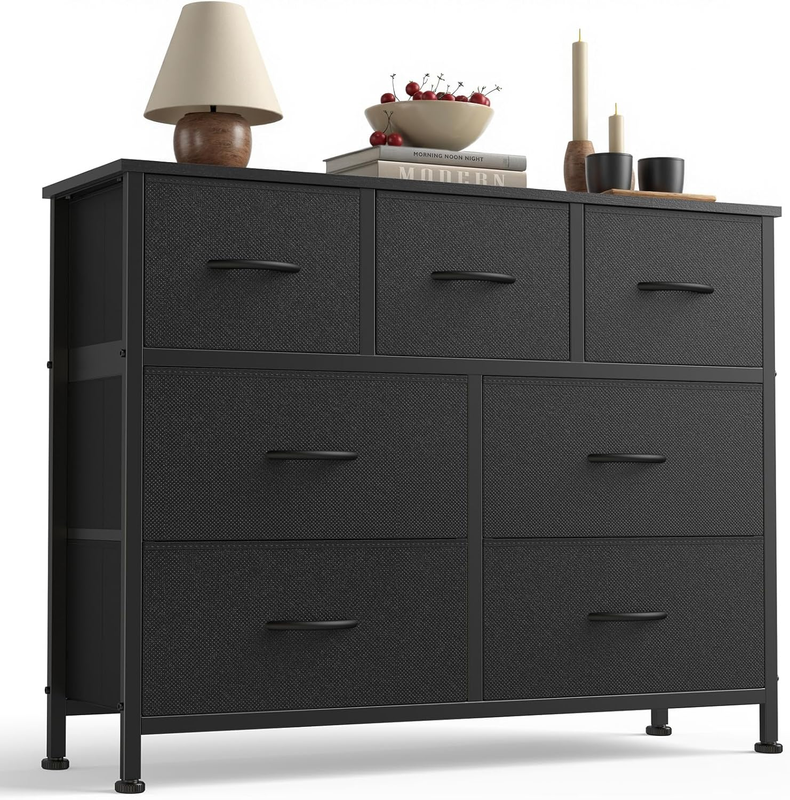 7 Drawer Fabric Dresser Storage Tower Steel Frame Wood Top Black0