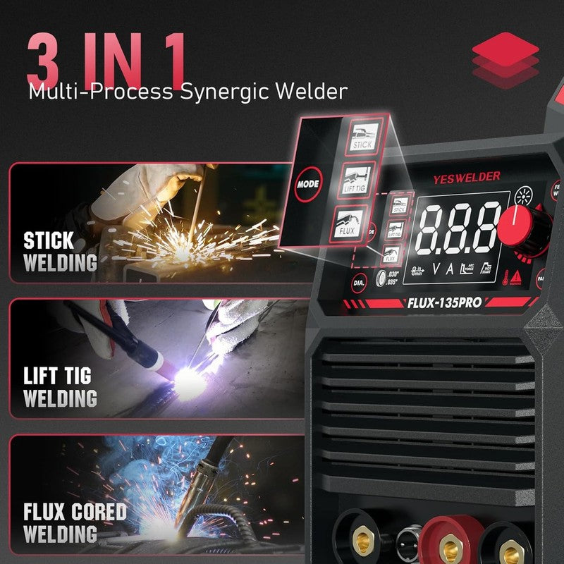 135A MIG Welder 3 in 1 – Flux Core, TIG/Stick Welding with LED Digital Display, 2