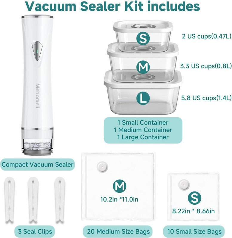 Compact Vacuum Sealer for Food (Vacuum Sealer Machine+3 Glass Vacuum Containers+7