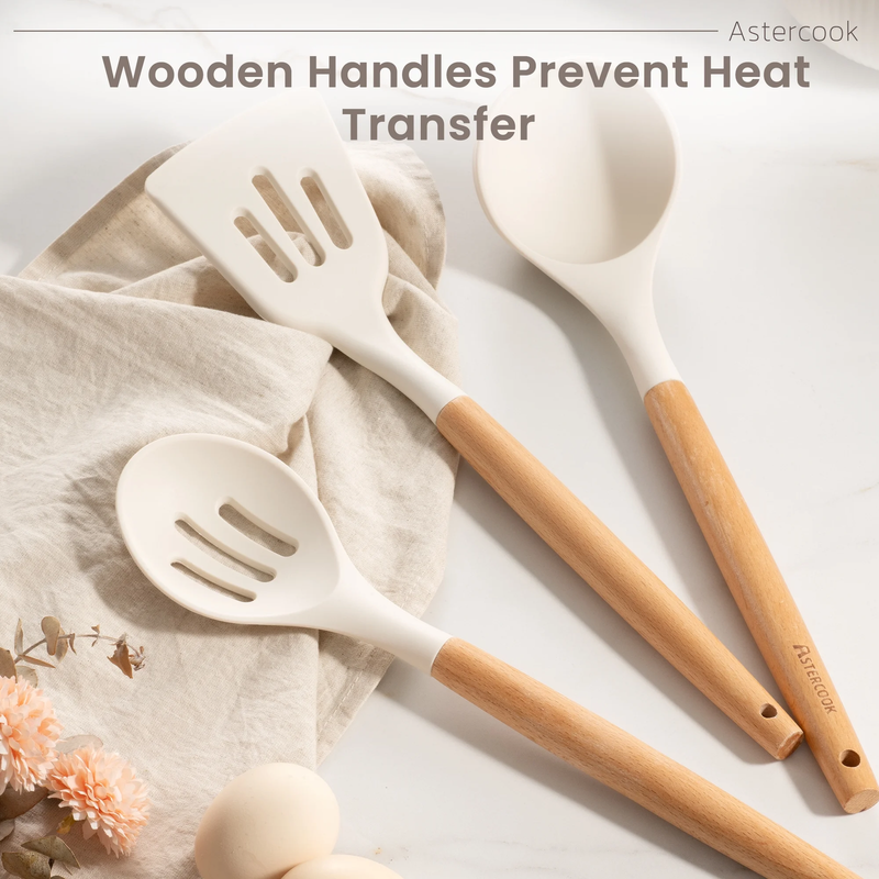 38PCS Silicone Kitchen Utensil Set Wooden Handle Heat Resistant White1