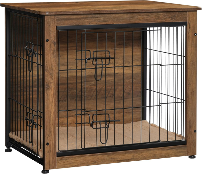 Dog Crate Furniture Table w/Cushion Wooden Kennel Double Door 27.2" Warm Brown0