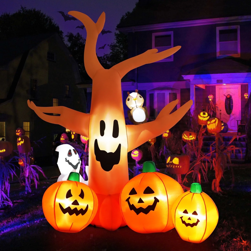 8Ft Halloween Inflatable Dead Tree w/ LED, Pumpkin, Ghost & Owl Yard Decor10