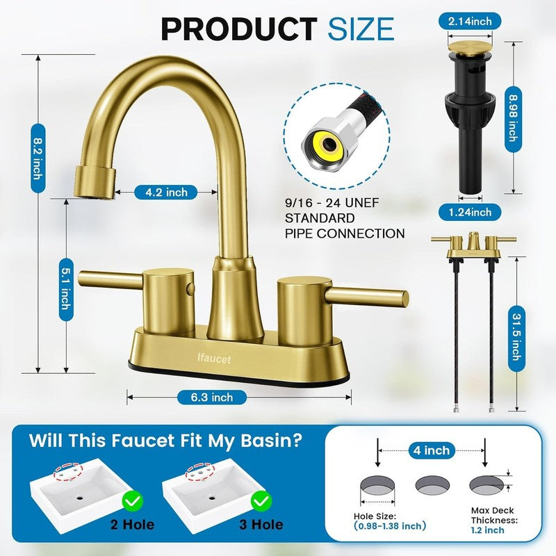 Brushed Gold Bathroom Faucet 4" Centerset 2 Handle w/ Copper Drain1