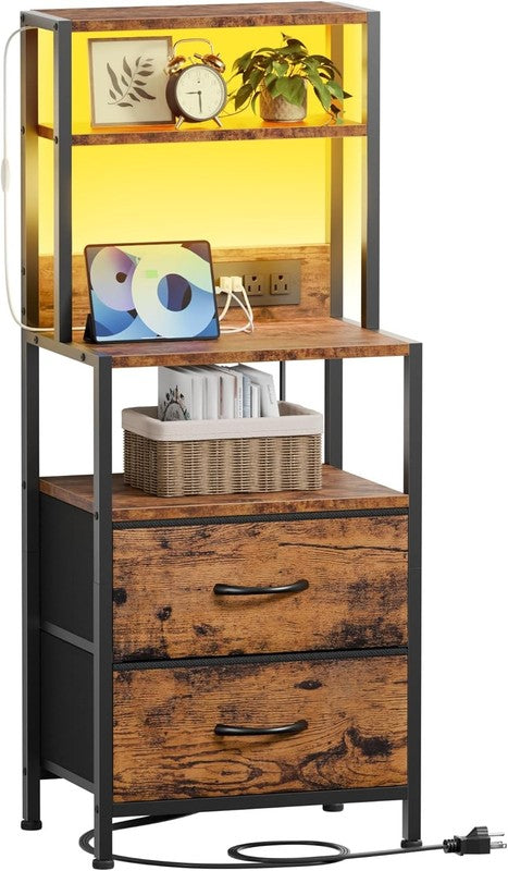 Tall Nightstand 4 Tier w/ 2 Fabric Drawers & Charging Station Rustic Brown7
