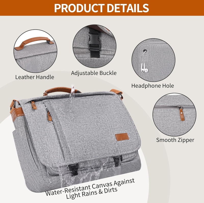Mens Messenger Bag 17-17.3in Water Resistant Shoulder Bag Travel Light Grey6