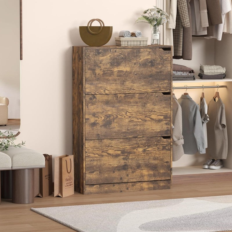 47'' Shoe Cabinet 3 Flip Drawers Slim Wood Storage Rack Organizer Entryway Brown3