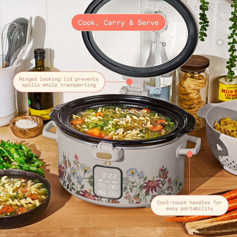 Drew Barrymore 4Qt Digital Slow Cooker Hinged Locking Lid Wildflower Porcini2
