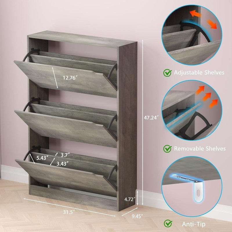 Shoe Cabinet 3 Flip Drawers Freestanding Wood Storage Entryway Hallway1