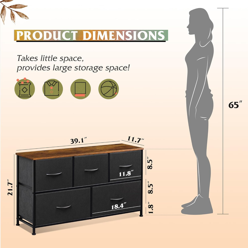 5 Drawer Fabric Dresser Chest Storage Closet Bedroom Black Rustic Brown2