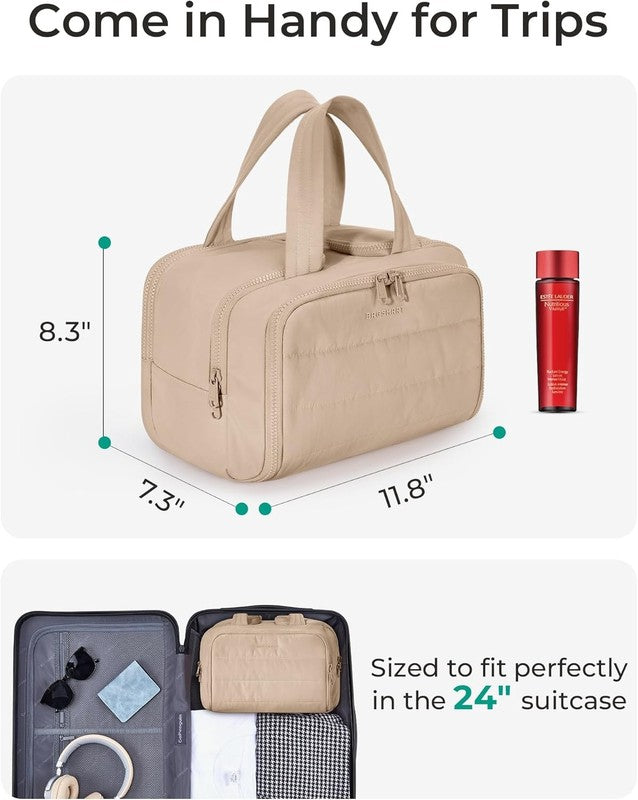 Travel Toiletry Bag Large Wide-Open Puffy Cosmetic Organizer Khaki2