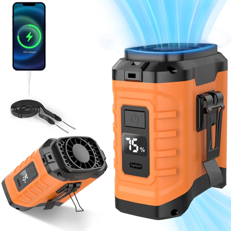 10000mAh Portable Waist Fan Clip On Wearable Neck Fan 5 Speed Orange0