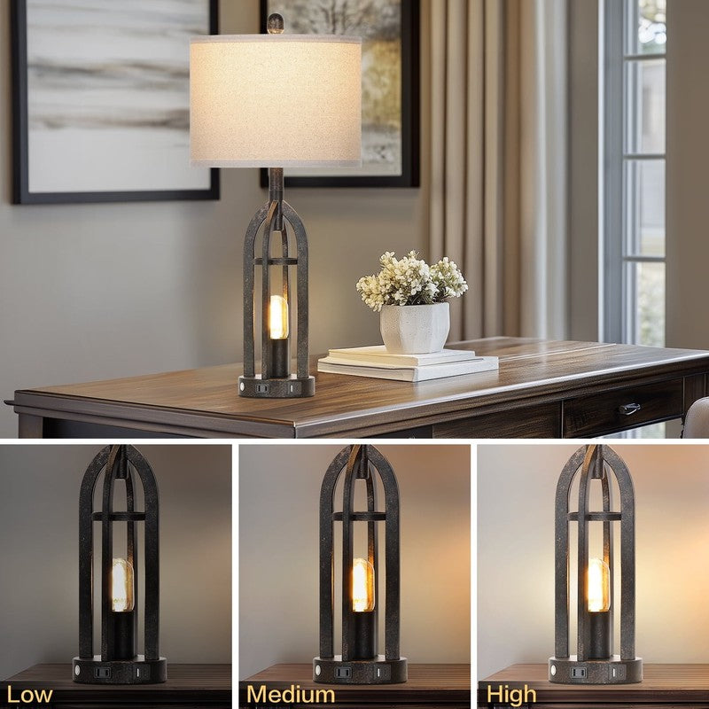 Set of 2 Industrial Table Lamps USB A+C Ports AC Outlet 3 Way Touch Dimmable Gol3