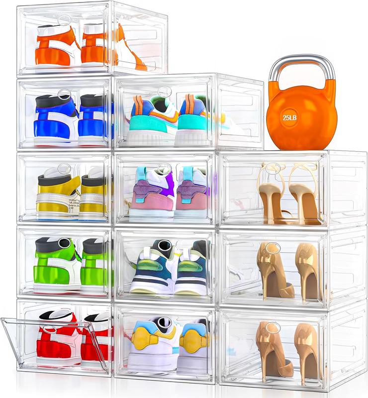 12 Pack Clear Stackable Shoe Boxes with Magnetic Door, Foldable, White0
