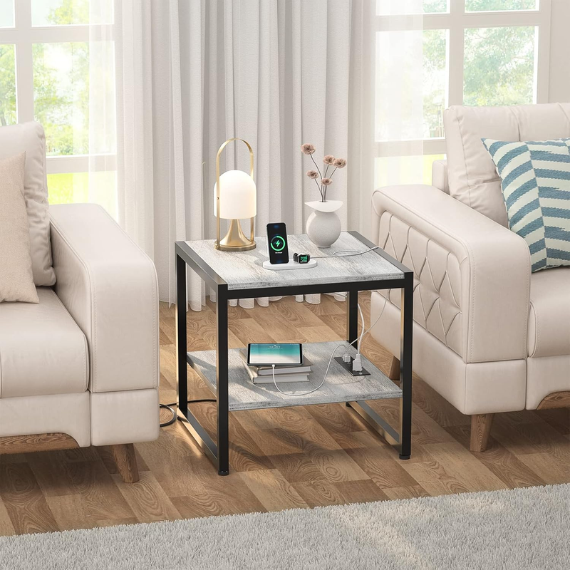 End Table with Charging Station, 20 Inch Square Side Table with USB Ports & Powe6
