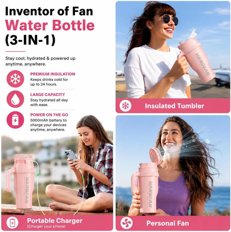 40oz Stainless Steel Tumbler with Handle & USB Fan 5000mAh Insulated Leak  Cup3