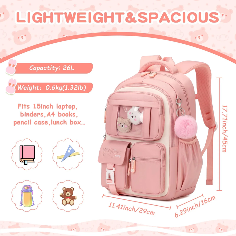 School Backpack Kawaii Ita Backpacks Water Resistant Lightweigt Bookbag, Pink1