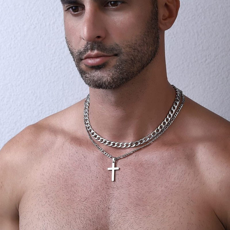 Layered Silver Cross Necklaces for Men Cuban Figaro Chain Set Gift for Dad3
