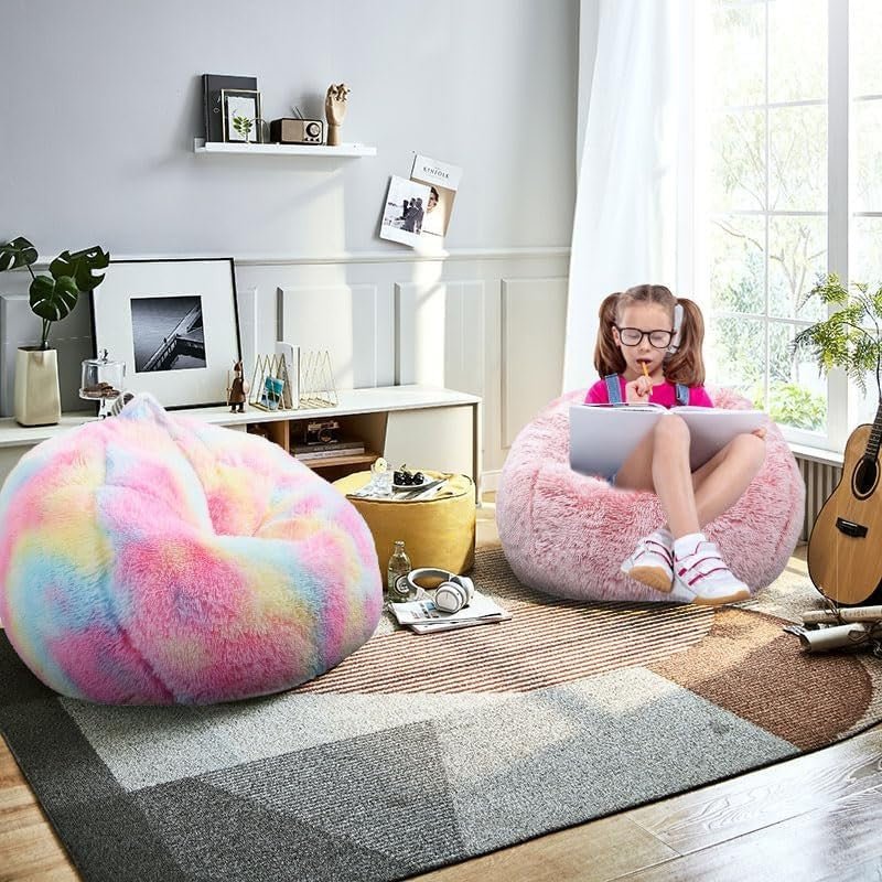Fluffy Bean Bag Chair for Kids 2.5FT Memory Foam Faux Fur Pink1