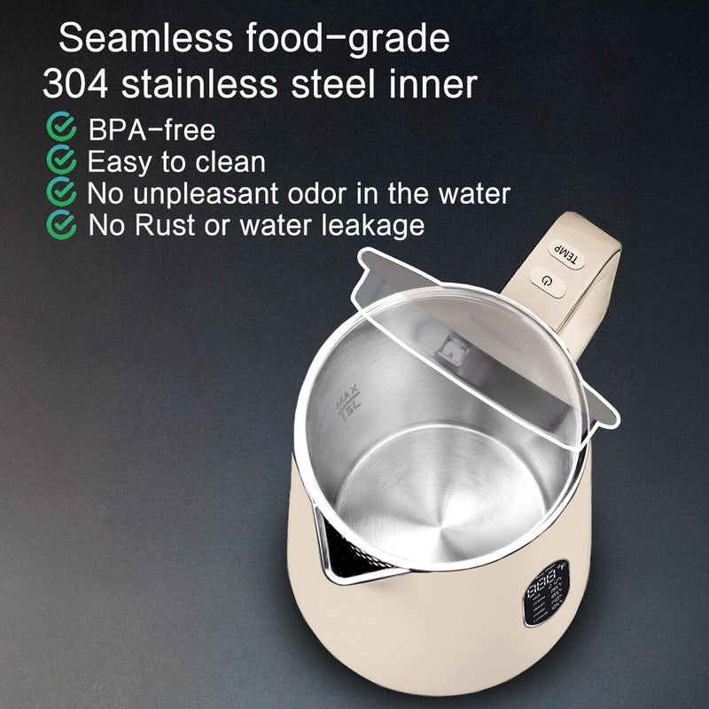 Electric Kettle 1.5L Stainless Steel Double Wall 5 Temp LED Keep Warm White5