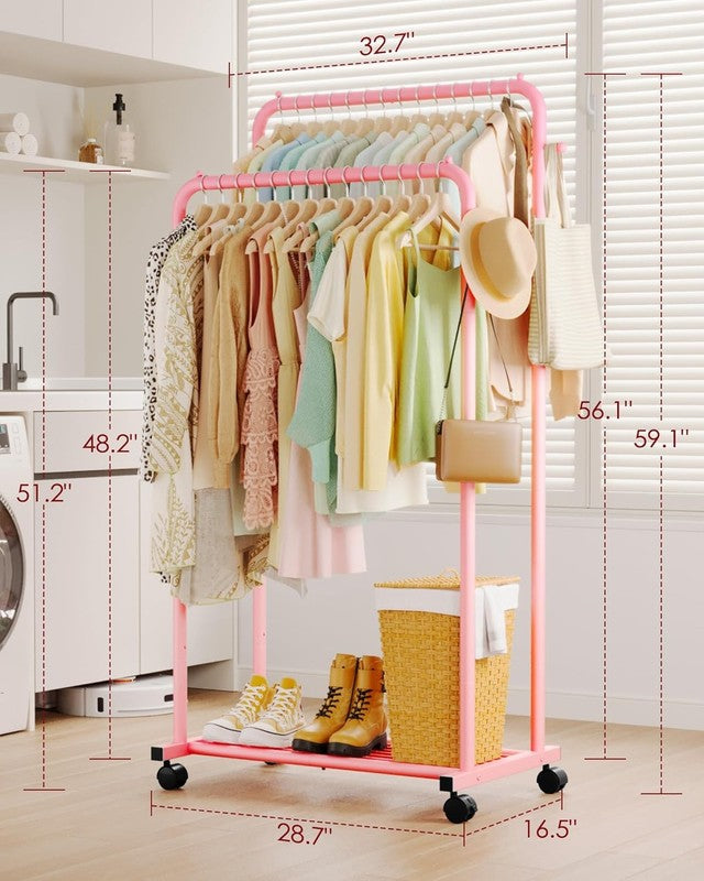 Clothes Rack with Double Rods, Mesh Shelf & Wheels, Metal Garment Rack Pink1