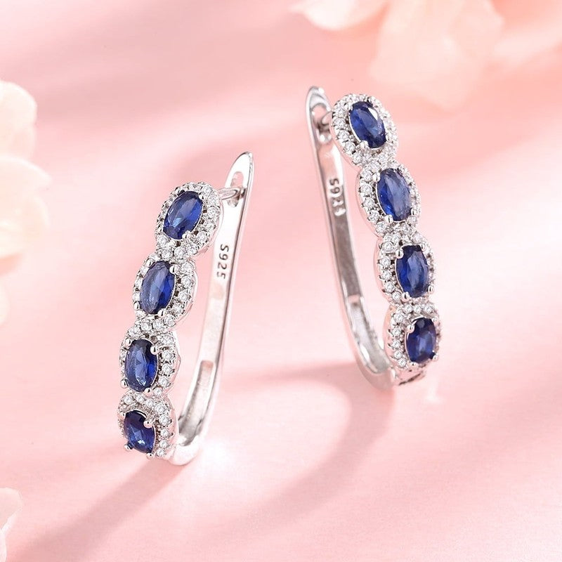Blue & White Sapphire Halo Earrings in 14K White Gold Plated2