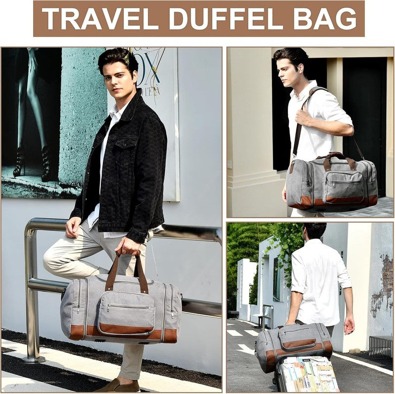 50L Canvas Duffle Bag Grey w/ Toiletry Bag Travel Gym Weekender Carry On1