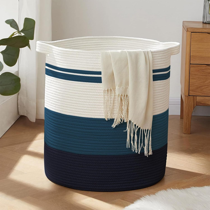 80L Laundry Hamper with Handles, Woven Storage Basket for Clothes, Gradient Blue9