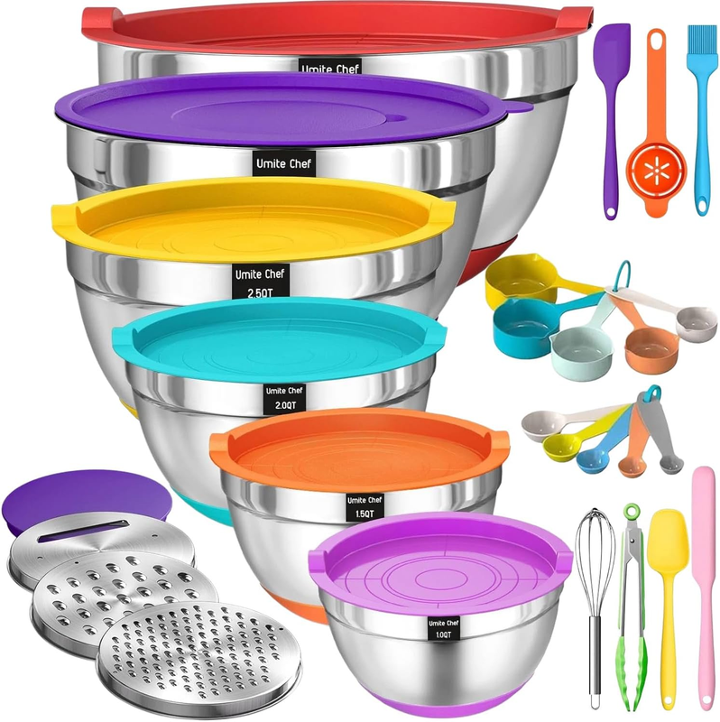26PC Stainless Steel Mixing Bowls Set Lids Grater Kitchen Gadgets11