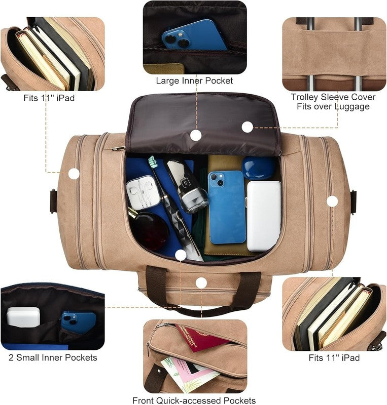 50L Canvas Travel Duffle Bag Coffee Overnight Weekender Gym Carry On3