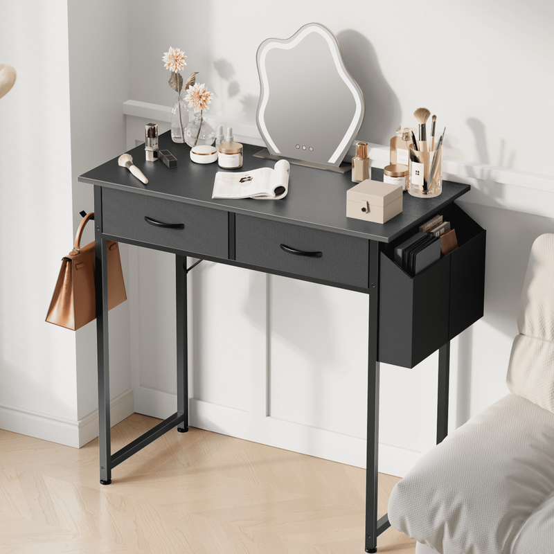 32" Small Desk w/ Fabric Drawers Vanity/Storage Desk for Bedroom Black1
